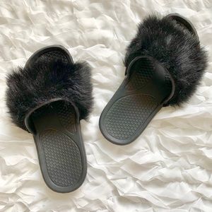 All Black Furry Slides